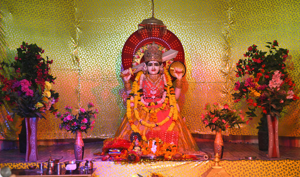 White stone sculpture of Hindu Goddess Ashapura Mata in Beawar. Devi Ashapura is Clan Deity of King Prithviraj Chauhan. She is Goddess who fulfills wish & desires of all those who trust & believe her.