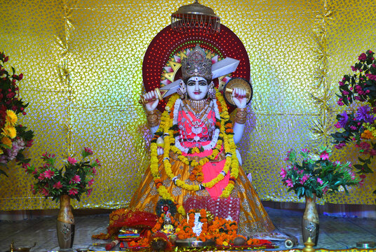 White stone sculpture of Hindu Goddess Ashapura Mata at a temple in Beawar. Ashapura is Clan Deity of King Prithviraj Chauhan. She is Goddess who fulfills wish & desires of all those who trust her.