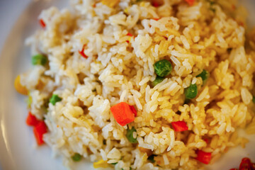 Close up Fried rice with vegetables Asian food on table