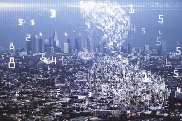 Naklejka premium Double exposure of technology theme hologram and cityscape background. Concept of Hightech.