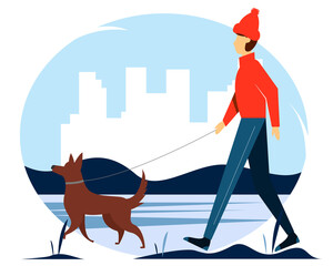 Man walking with the dog in the Park in winter. Cute vector illustration in flat style.