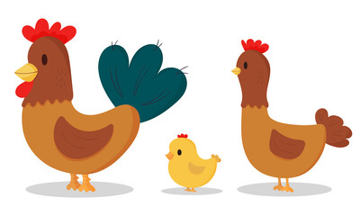 Cute cartoon chickens set on white background. Rooster, hen, chicken.