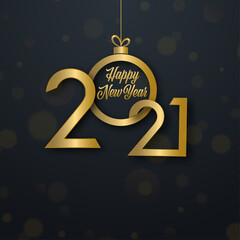 Fototapeta na wymiar Golden Paper Cut 2021 Number With Hanging Bauble On Black Background For Happy New Year Celebration.