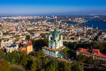 Aerial top view of Saint Andrew's church and Andreevska street from above, Podol district, city of Kyiv, Ukraine