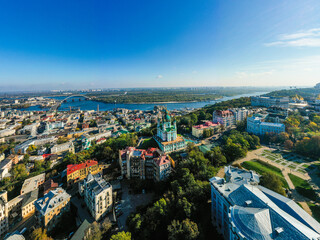 Aerial top view of Saint Andrew's church and Andreevska street from above city of Kyiv, Ukraine