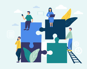 Fototapeta na wymiar People connect the parts of the puzzle. Business concept of teamwork. Successful cooperation and partnership. Timbling design. vector flat illustration.