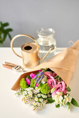 Bouquet 007, step by step installation of flowers in a vase. Flowers bunch, set for home. Fresh cut flowers for decoration home. European floral shop. Delivery fresh cut flower.
