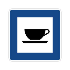 Motorway refreshments road sign. Vector illustration of blue square traffic sign with cup of coffee icon inside. Highway rest area symbol isolated on background used in Germany. Coffee shop.