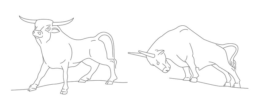 Linear illustration in one thin line of bull or ox in different posture, poses. hand drawn illustration, year of ox