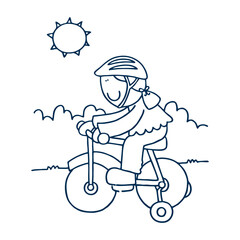 Flat vector cartoon illustration of bicycling woman in warm clothing.