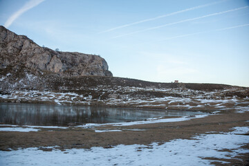 View of mountains landscape. Ercina mountain lake, Covadonga, National Park of Picos de Europa, Asturias, Spain