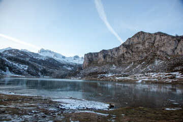 View of mountains landscape. Ercina mountain lake, Covadonga, National Park of Picos de Europa, Asturias, Spain
