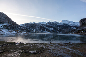 View of mountains landscape. Ercina mountain lake, Covadonga, National Park of Picos de Europa, Asturias, Spain