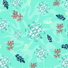 White and red abstract floral patterns on the light blue background