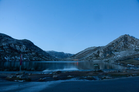 View of mountains landscape. Enol mountain lake, Covadonga, National Park of Picos de Europa, Asturias, Spain
