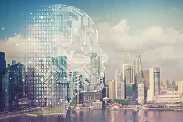 Brain hologram drawing on cityscape background multi exposure. Ai in modern city concept.