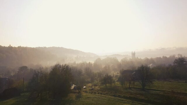 Drone view of beautiful Breb village in sunrise.