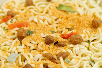 instant noodles with spicy close up, angled macro shot