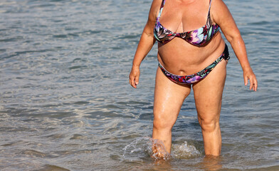 Fototapeta premium Fat woman in a swimsuit on the seashore.