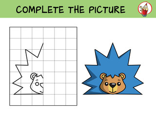 Complete the picture of a funny hedgehog. Copy the picture. Coloring book. Educational game for children. Cartoon vector illustration