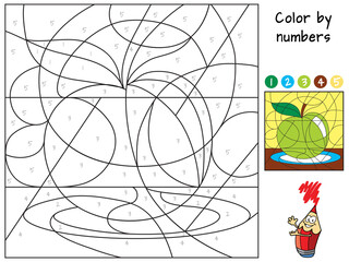 Apple on a plate. Color by numbers. Coloring book. Educational puzzle game for children. Cartoon vector illustration