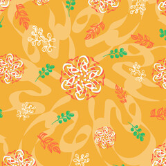 White and orange abstract floral patterns on the yellow background