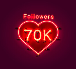 Thank you followers peoples, 70k online social group, neon happy banner celebrate, Vector