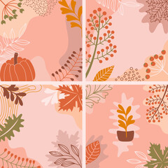 Set of abstract backgrounds with autumn elements, shapes and plants in one line style. Backgrounds for posters, banners, cards. Vector illustration