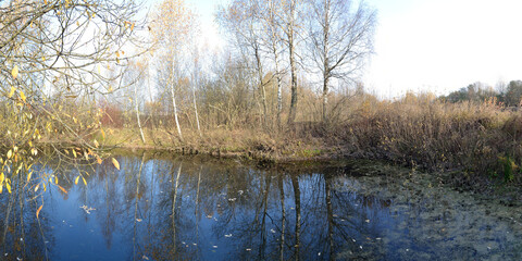 Autumn fishing on the pond, beautiful panorama.