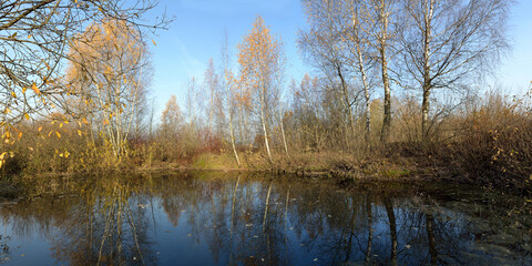 Fototapeta na wymiar Autumn fishing on the pond, beautiful panorama.