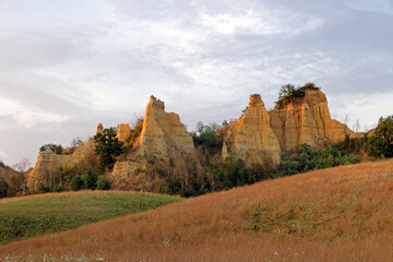 Sunset on the Balze of Valdarno, a rock formation in the valley of Arno river, Tuscany, Italy.