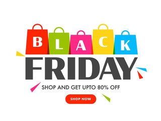 Black Friday Sale Poster Design with 80% Discount Offer and Colorful Shopping Bags on White Background.