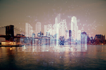 Double exposure of buildings hologram over cityscape background. Concept of smart city.