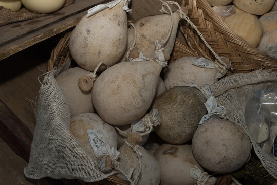 Grotto-dried Caciocavallo. Typical Campania cheese. Montella chestnut fair 2015.