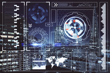 Data theme hologram drawing on city view with skyscrapers background multi exposure. Ai concept.