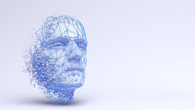 Abstract 3d render of polygonal human face, artificial intelligence concept, seamless looped 4k animation