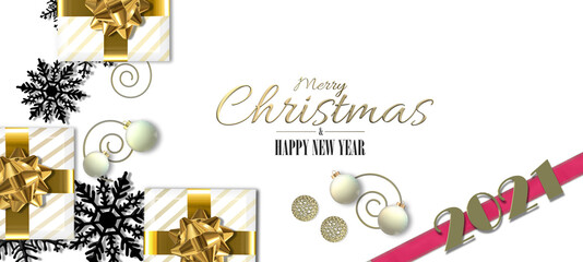 Fototapeta na wymiar Christmas luxury design with Xmas 3D realistic gift boxes, snowflakes, gold digit 2021 on pink ribbon, Xmas balls on white background. 3D illustration. Copy space.