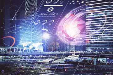 Data theme hologram drawing on city view with skyscrapers background multi exposure. Ai concept.