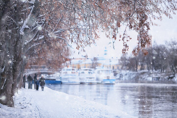 winter view, landscape embankment of the river in the city, November landscape