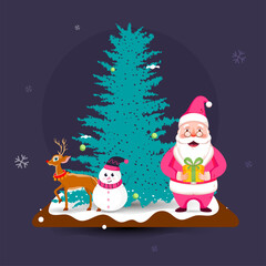 Cartoon Santa Claus Holding a Gift Box with Snowman, Reindeer and Xmas Tree on Violet Background For Celebration.