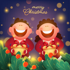 Cheerful Kids Holding Gift Box with Green Leaves and Red Berry on Blue Bokeh Background for Merry Christmas Celebration.