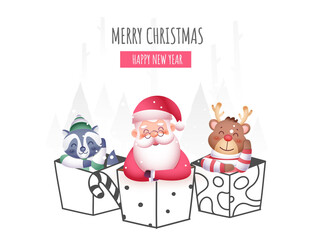 Cartoon Santa Claus with Reindeer and Raccoon Inside a Different Gift Box on the Occasion of Merry Christmas & Happy New Year.