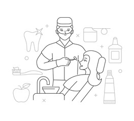 A dentist treats a woman's teeth. The concept of dental care. Linear vector illustration