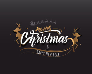 Merry Christmas & Happy New Year Font With Paper Style Reindeer on Dark Grey Background.