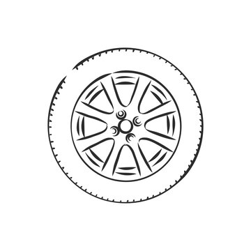 recommend clip art: Car wheel vector sketch icon isolated on background. Hand drawn car wheel, vector sketch illustration