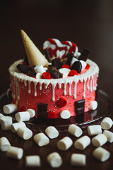Large round birthday cake with original decorations and design. Festive cake with red icing...