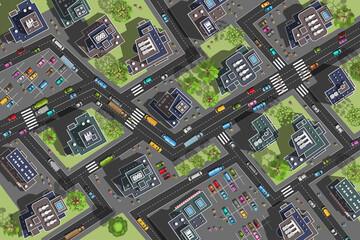 Vector illustration. City top view. Streets, houses, buildings, roads, crossroads,  trees, cars. (view from above) 