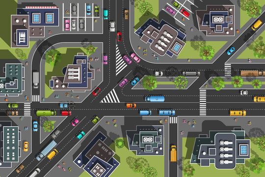 Vector illustration. City top view. Streets, houses, buildings, roads, crossroads,  trees, cars. (view from above) 