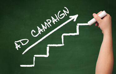 Hand drawing AD CAMPAIGN inscription with white chalk on blackboard, business concept