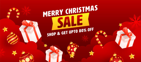 UP TO 80% Off For Merry Christmas Mega Sale Header Or Banner Design In Red Color With 3D Gift Boxes, Baubles, Candy Canes And Golden Stars.